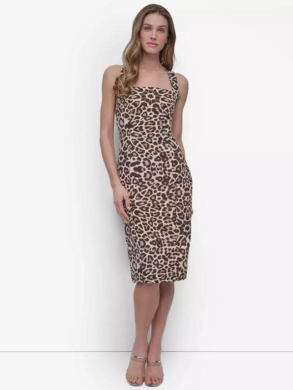 DKNY Women's Crepe Sleeveless Criss-Cross Back Midi Dress Chocolate Multi